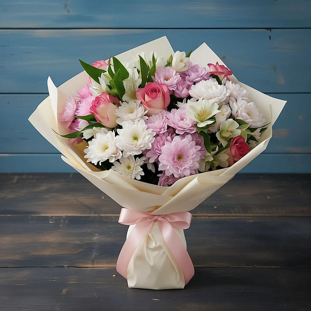 Букет цветов из: Хризантемы, Альстромерии и Розы в Степаньково